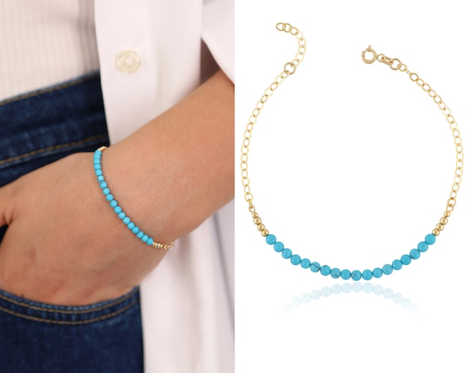 Genuine Turquoise Beaded 14k Gold Bracelet | December Birthstone, Blue Turquoise Round Natural Stone, Minimalist Bracelet, Gift for Her