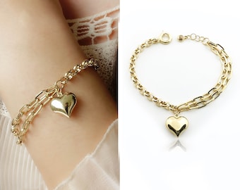 14k Gold Double Staple Link Thick Bracelet w/ Puffed Heart Pendant & Sailor Lock, Paperclip Chain, Rolo Chain Bracelet w/ Puffy Heart Charm