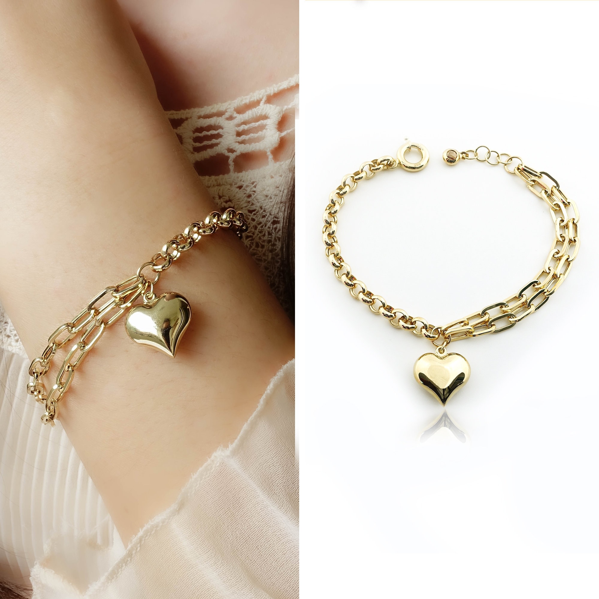 Heart Charm Sailor Lock Herringbone Chain Necklace 14k Gold 