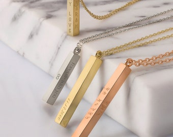 14k Gold Vertical Bar Necklace | Personalized Engraved Custom Name Pendant