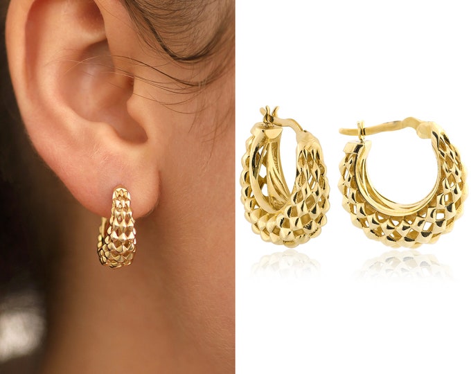 14k Gold Lozenged Dome Earrings | Rhombus Shaped Hoop Earrings, Perforated Hoop Earrings, Bold Statement Jewelry, Mother Gift, Gift for Her