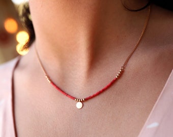Red Coral Necklace with Gold Coin | Personalized Double Chain Natural Stone Necklace , Gold Beads&Engravable Gold Disc Charm | Gift for Her
