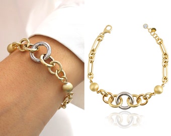 14k Gold Circle Link Bracelet | Multicolored Chain Design, Interlock Bracelet, Handmade Jewelry, Heavy Chain Bracelet w/ Gold Sphere