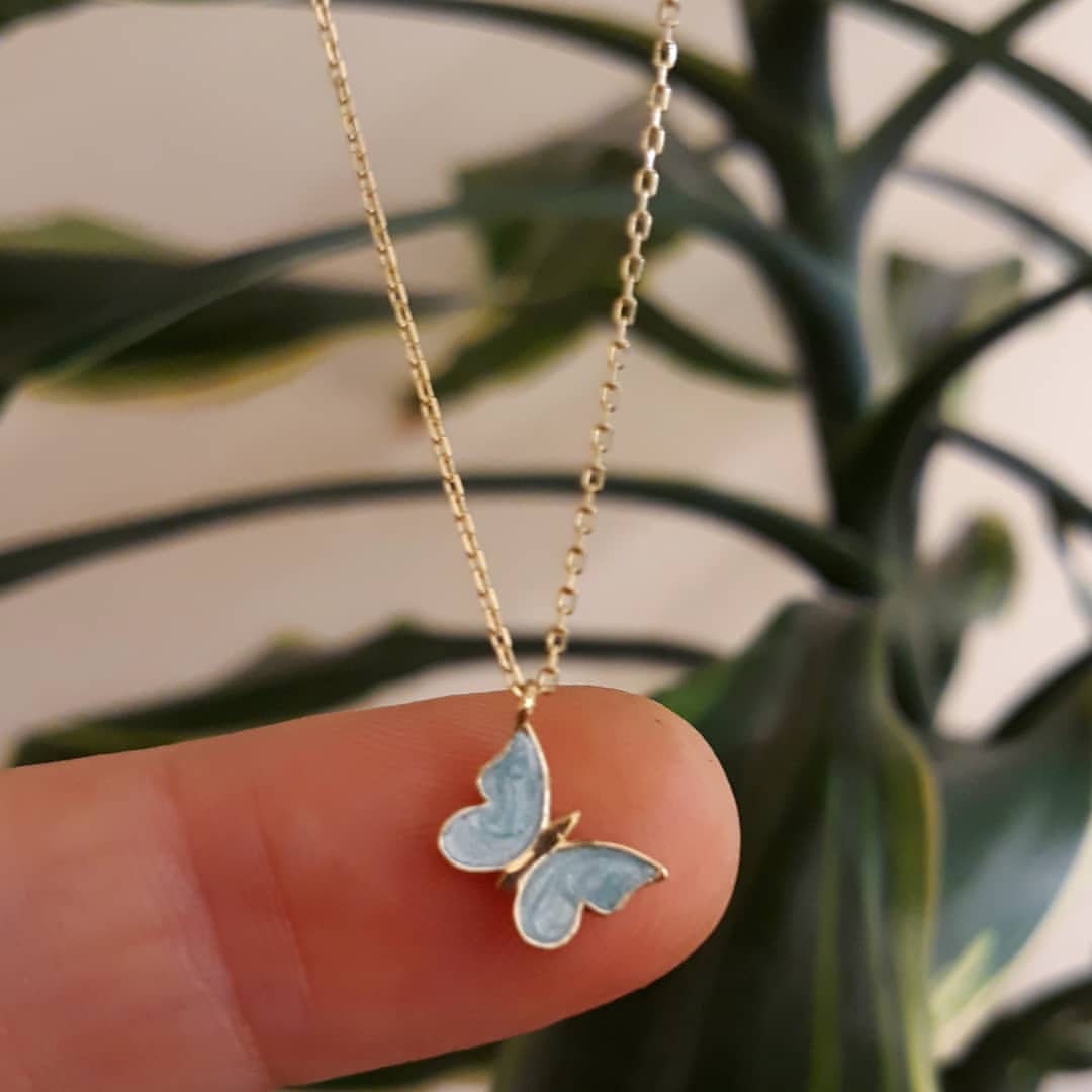 Blue Butterfly Necklace 14k Gold Minimal Blue Enamel Etsy