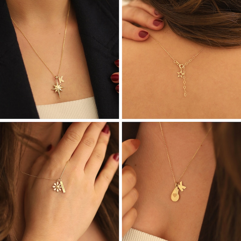 May include: Four close-up images of gold necklaces with different charms. The charms include a star, a flower, a heart, and a butterfly.