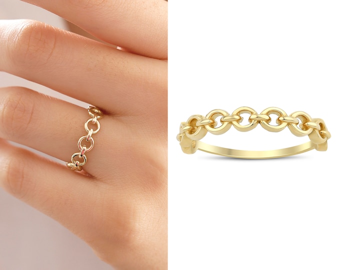 14k Gold Circle Chain Ring | Multi Link Dainty Band Rings, Stackable Eternity Karma Rings, Valentines Day Gift, Teacher Gift, Gift for Her