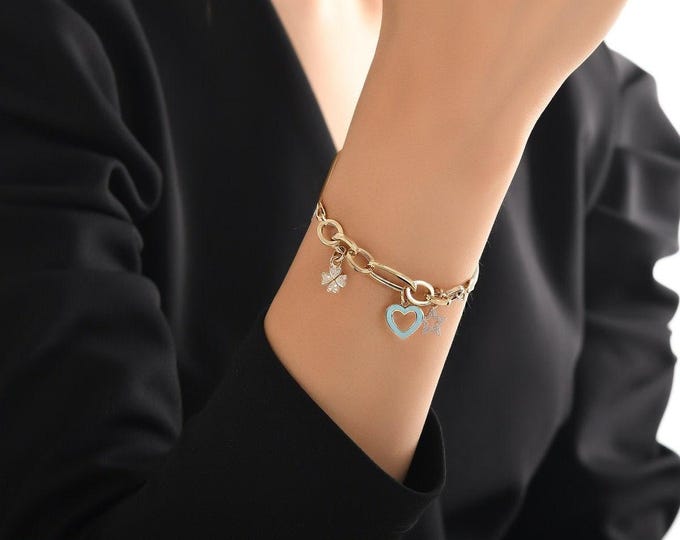 Clover, heart, star charm bracelet | gold shemrock herringbone chain 14k gold bracelet, luck, celestial, love charms | valentine's day gift