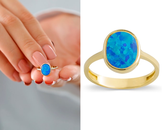 14k Gold Blue Opal Ring | Handmade Jewelry, October Birthstone, Protection Stone, Ease Stress Gem, Birthday Gift, October Opal Ring Gift