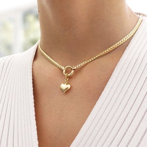 Heart Charm Sailor Lock Herringbone Chain Necklace | 14k Gold Thick Flat Snake Chain Necklace, Heavy Fine Jewelry