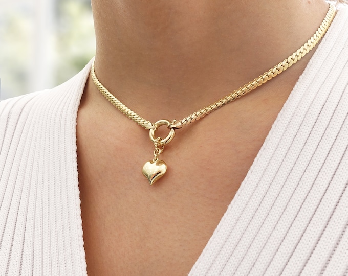 Heart Charm Sailor Lock Herringbone Chain Necklace | 14k Gold Thick Flat Snake Chain Necklace, Heavy Fine Jewelry | Gift for Her