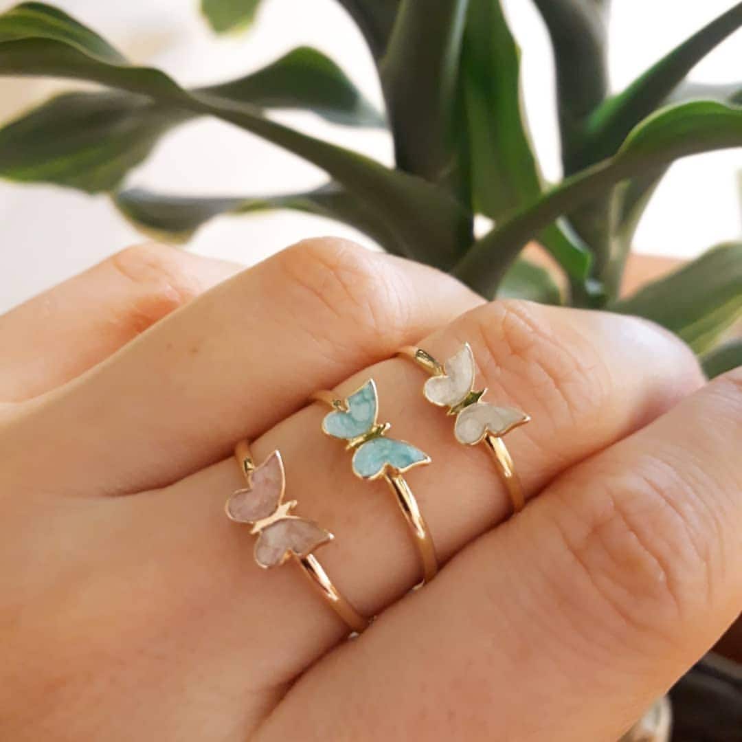 Dainty Butterfly Ring 14K Gold Stacking Enamel Ring w/ Blue Etsy