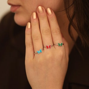 Dainty Butterfly Ring, 14K Gold Stacking Enamel Ring w/ Blue Pink Color, Minimalist Everyday Fine Jewelry, Gift for Her