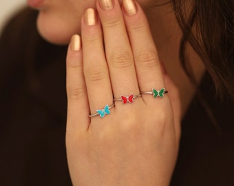 Dainty Butterfly Ring, 14K Gold Stacking Enamel Ring w/ Blue Pink Color, Minimalist Everyday Fine Jewelry, Gift for Her