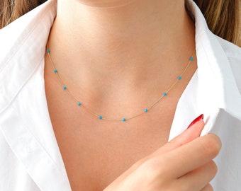14k Gold Turquoise Beaded Necklace | Handmade Jewelry for Balancing Emotions, December Birthstone, Hope & Serenity Gemstone, Good Luck Gift