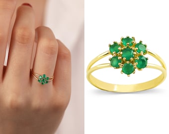 14k Gold Emerald Hexagon Flower Ring | Handmade Jewelry, Wedding Jewelry Set, May Birthstone, Dainty Emerald Gemstone Ring, Anniversary Gift