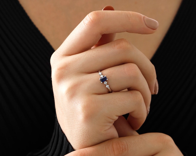 14k Gold Sapphire Ring | Baguette Cut Dainty September Birthstone Jewelry