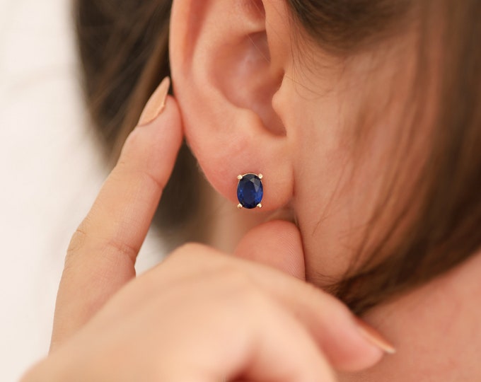 14K Gold Sapphire Stud Earrings | The Stone Of Wisdom And Inner Peace, Spiritual Insight, Clarity Stone Jewel, Virgo Birthstone, Prom gift