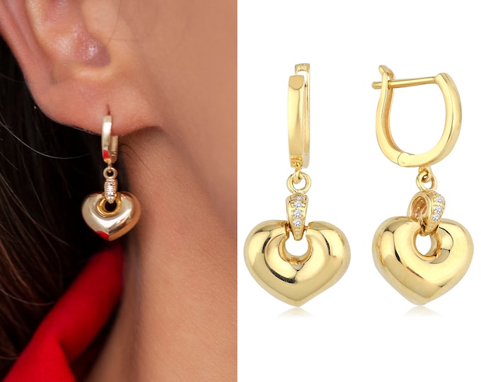 14k Gold Heart Shaped Dangle Earrings | Latch Back Clip, English Lock, Puffy Heart Earrings, Minimal Drop Dainty Gift | Valentine's Day Gift