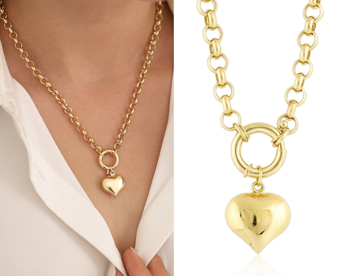 14k Gold Rolo Chain Charm Necklace | Thick Belcher Chain, Sailor Clasp with Heart, Key, Padlock, Moon and Star, Clover Charms, Gift for Her