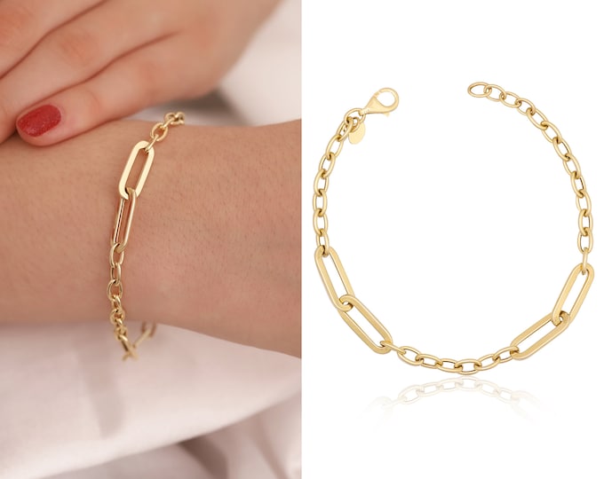14K Gold Paperclip Link Chain Bracelet | Bold Jewelry, Stylish Chain Bracelet, Heavy Link Chain Jewelry, Sturdy Bracelet, Graduation Gift