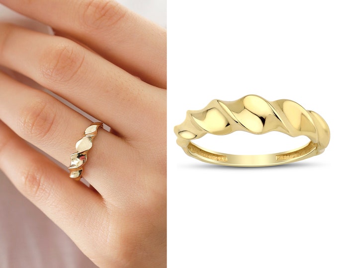 14k Gold Dome Spiral Wavy Ring | Stackable Wide Rings, Boho Chunky Vintage Edgy Rings, Valentines Day Gift, Special Day Gift, Gift for Her