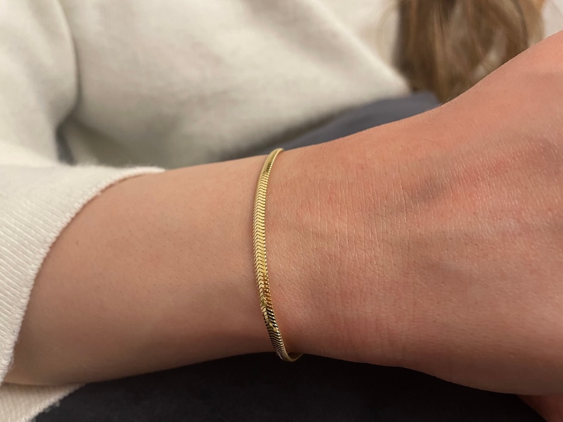 May include: A gold snake chain bracelet on a person's wrist.