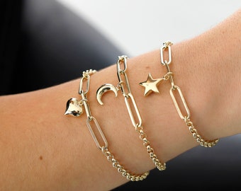 14k Gold Rolo & trombone Chain Bracelet | Puffy Heart Charm Double Chain Love Symbol