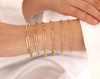 14k gold 4mm paperclip chain bracelet | elongated paperclip bracelet, rectangle link chain, layering bracelet, unisex chain, birthday gift