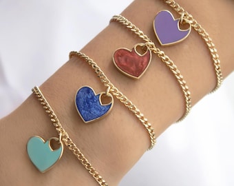 14k Gold Red Enamel Heart Bracelet | Curb Chain with Colorful Charm, Valentine Gift