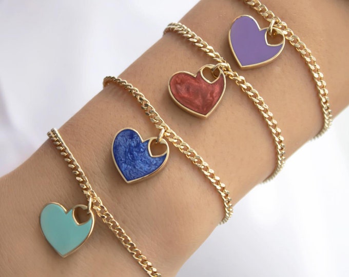14k Gold Curb Chain Bracelet with Heart Enamel Jewelry | Colorful Heart Charm Bracelet | Dainty Gift for Anniversary | Valentine's Day Gift