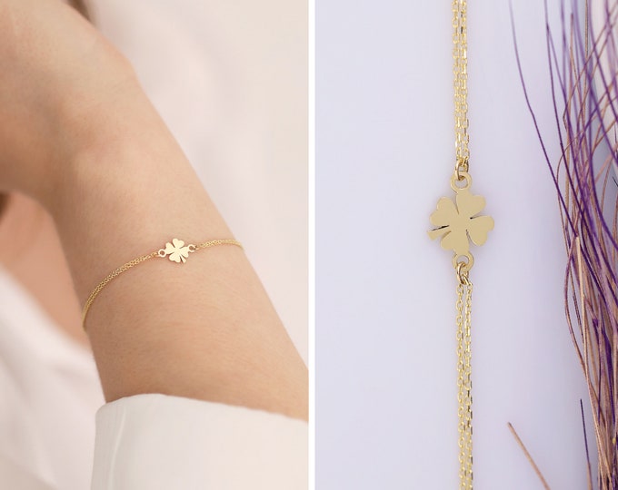 14k Gold Four-Leaf Clover Bracelet | Handmade Jewelry for Good Luck, Patrick’s Day Bracelet, Shamrock Charm, Dainty Gift Bracelet for Friend