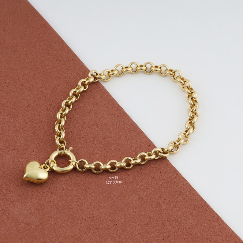 14k Gold Rolo Link Bracelet With Heart Charm Thick Belcher - Etsy