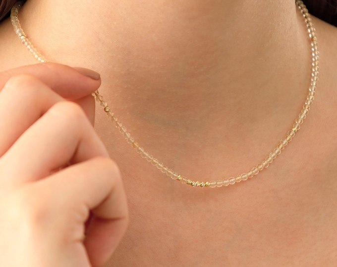14k Gold Citrine Beaded Necklace | Natural Stone Necklace for Prosperity, Money Stone, November & Scorpio Birthstone Necklace, Birthday Gift
