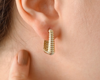 14k Gold Rectangular Croissant Hoops | Sleek Daily Earrings, Bold Puffy Hinged Hoops