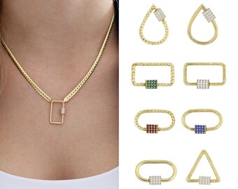 Rectangle Diamond Carabiner Lock Charm | 14k Gold Carabiner, Chain Enhancer & Herringbone Chain, Flat Snake Chain Necklace, Gift for Her