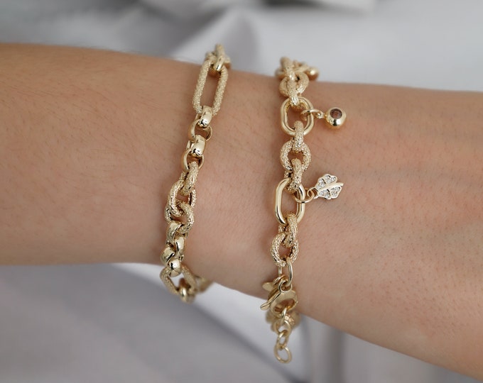 14k Gold Dorica Link Bracelet | Sparkle Trombone Chain Lux Jewelry