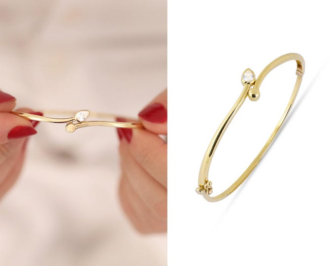 14k gold hinged curved bangle | snake shape cuff bracelet/bangle, teardrop design cz gemstone bangle, graduation gift, teen & young gift