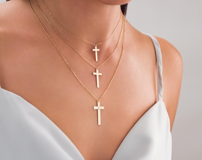 14k Gold Cross Engraving Necklace | Personalized Cross Minimalist Necklace with Engraving, Christian Gift, Mother's Day Gift, Baptism Gift