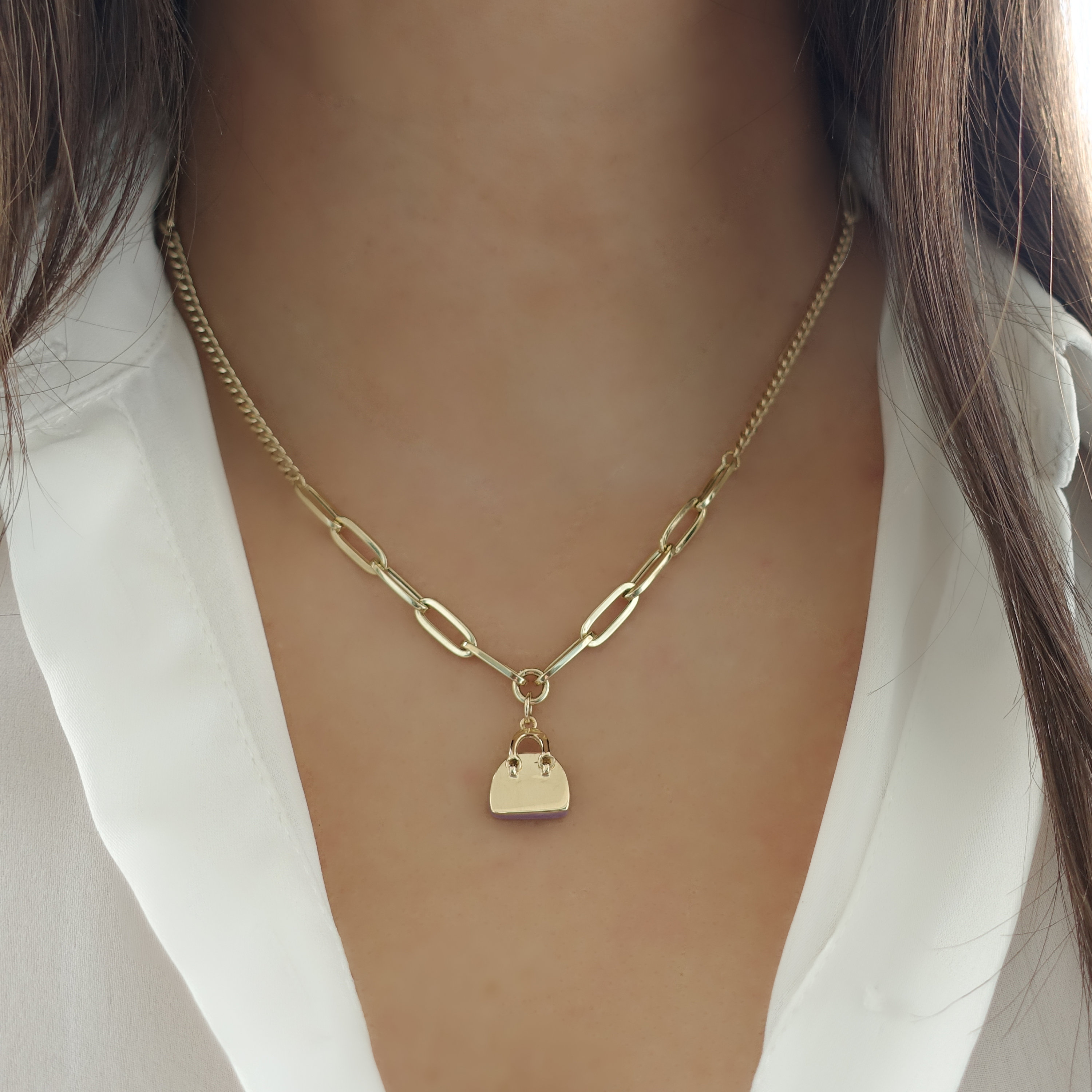 Gold Bag Charm Necklace | 14k Gold Purple Bag Pendant W Gold Bag Charm Necklace | 14k Gold Purple Bag Pendant W