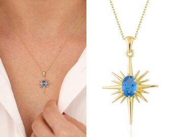 14K Gold Blue Topaz North Star Necklace | Self-Confidence Jewelry, Reducing Anxiety And Tension, Minimalist Necklace, Graduation Gift