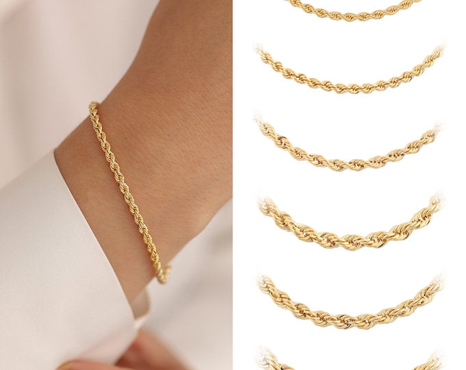 14k Gold 3mm Vintage Look Rope Chain Bracelet | Dainty Twisted Chain Bracelet, Unisex Chain, Elegant Jewelry, Anniversary Gift, Gift for Her