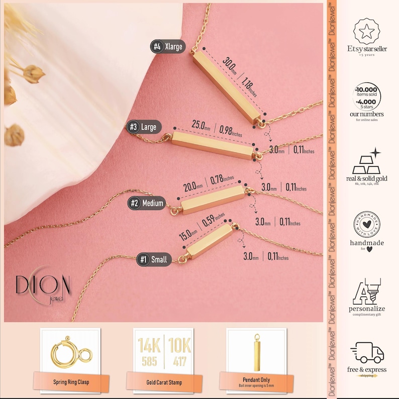 May include: Gold bar necklace with a spring ring clasp. The necklace is available in four sizes: small, medium, large, and extra large. The bar is 3.0 mm wide and comes in 14k or 10k gold.