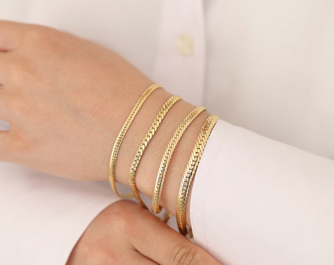 14k Gold 5mm Classic Herringbone Chain Bracelet | Daily Use Thick & Flat Chain, Elegant Stacking Jewelry, Lobster Clasp, Anniversary Gift