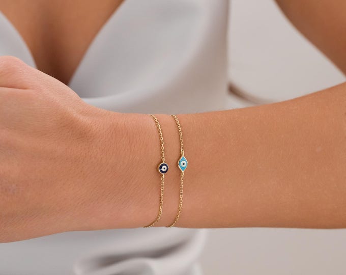 14k Gold Evil Eye Rolo Chain Bracelet | Evil Eye Minimal Charm Bracelet | Protection Talisman Gold Charm Bracelet, Gift for New Mother