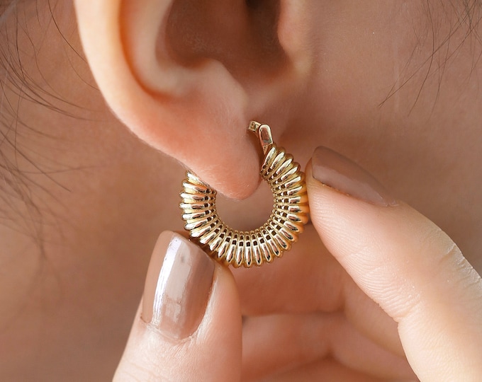 14k Gold Dome Croissant Earrings | Shell Design, Large Round Hinged Hoop Earrings, Flashy Casual Jewelry as Birthday Gift, New Work Gift