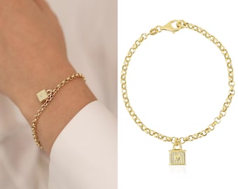 Rolo Chain Locket Charm Bracelet | 14k Gold Rolo Bracelet with Lock Charm, Padlock Charm | Dainty Bracelet Gift for Her | Gift for Her