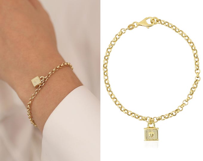 Rolo Chain Locket Charm Bracelet | 14k Gold Rolo Bracelet with Lock Charm, Padlock Charm | Dainty Bracelet Gift for Her | Gift for Her