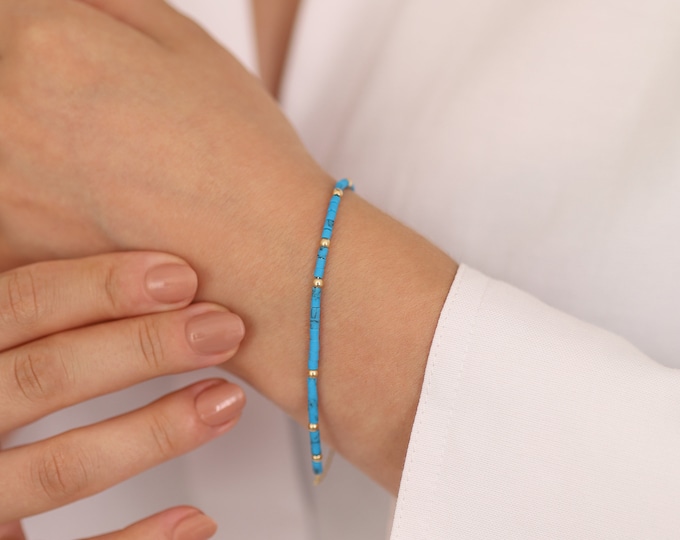 Turquoise Gemstone Bracelet with 14k Gold Beads | Lapis/ Coral/ Mix Natural Stone Bracelet w/ Gold Coin, Minimalist Jewelry, Gift for Her