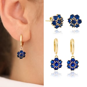 14k Gold Sapphire Hexagon Flower Dangle Earrings | Honeycomb Blue Sapphire Dainty Drop & Stud Earrings, September Birthstone, Gift for Her