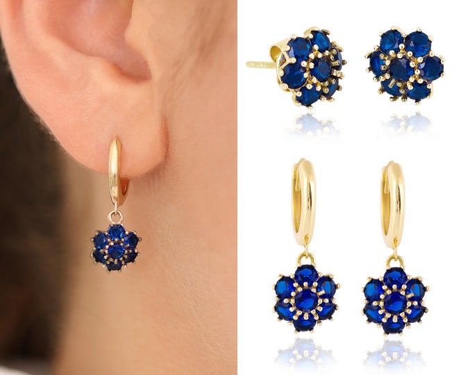 14k Gold Sapphire Hexagon Flower Dangle Earrings | Honeycomb Blue Sapphire Dainty Drop & Stud Earrings, September Birthstone, Gift for Her
